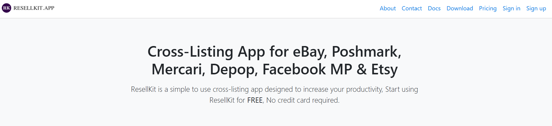ResellKit crosslisting app homepage showing supported marketplaces, free signup messaging, productivity features, navigation links, and tools for managing listings across resale platforms.