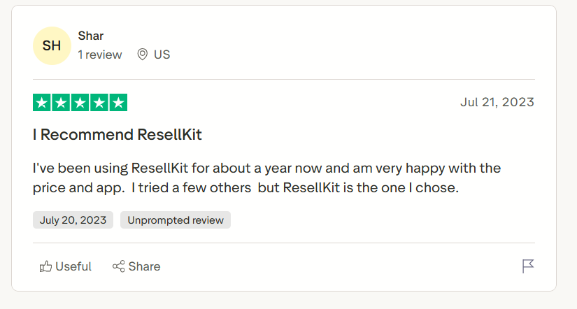 Trustpilot review recommending ResellKit after one year of use, praising affordable pricing, reliable performance, and choosing it over several competing crosslisting tools.