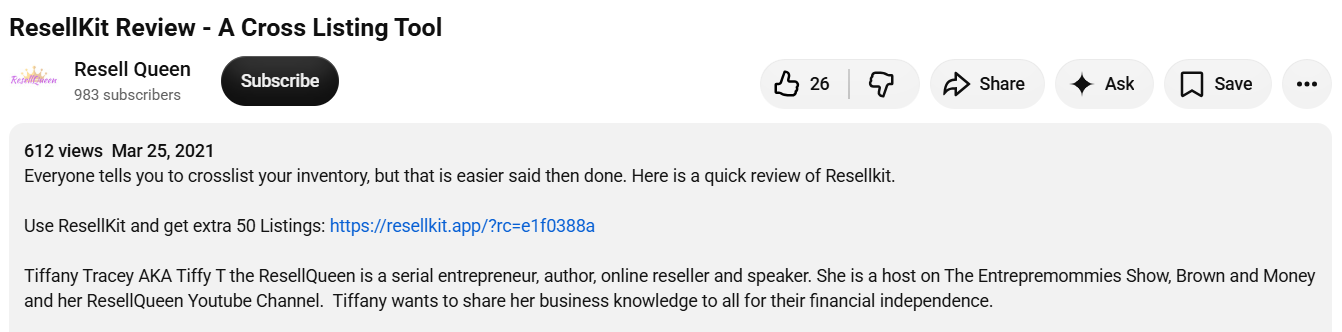 YouTube video introducing a ResellKit review, explaining crosslisting challenges, offering referral listings, and demonstrating automatic inventory updates that help prevent double sales.