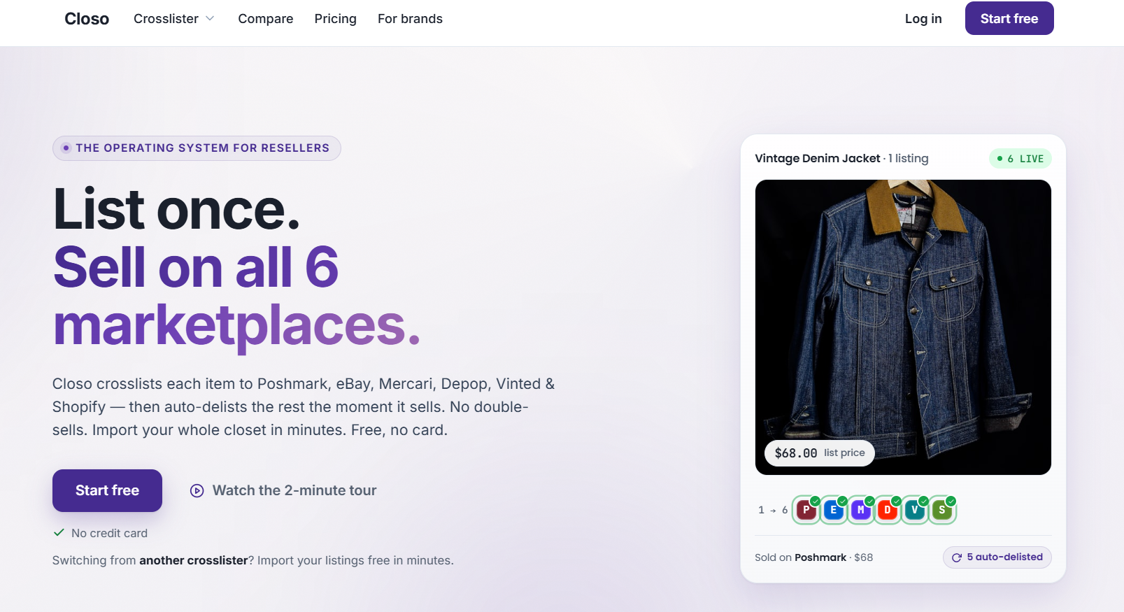 Closo crosslisting platform homepage showing multi-marketplace listing automation, auto-delisting features, supported resale platforms, product listing management, and free signup options.