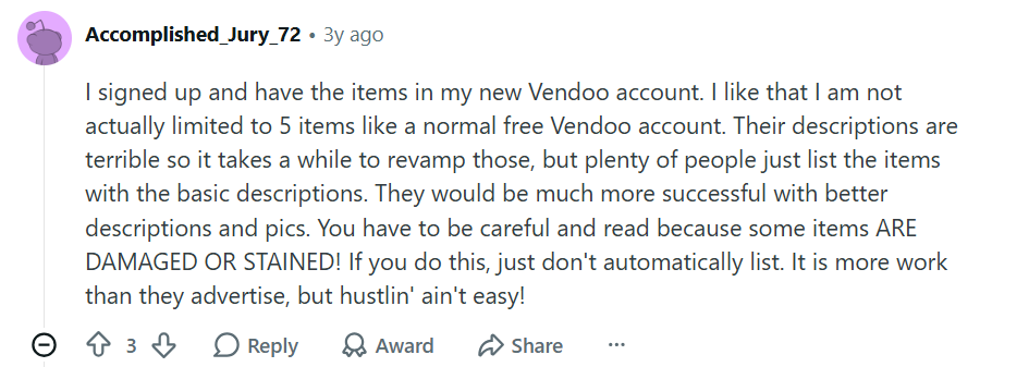 Reddit user says Closo imports Vendoo listings without free plan limits, but recommends reviewing descriptions carefully before publishing because listing quality varies.