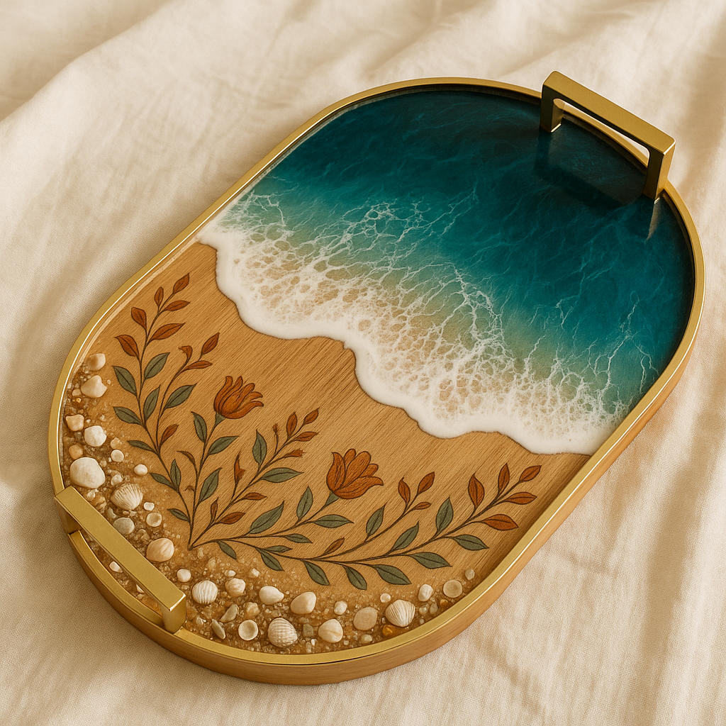 Handmade resin serving tray with a turquoise ocean wave, sandy beach design, engraved floral pattern, decorative pebbles, and gold handles on a natural wood base.