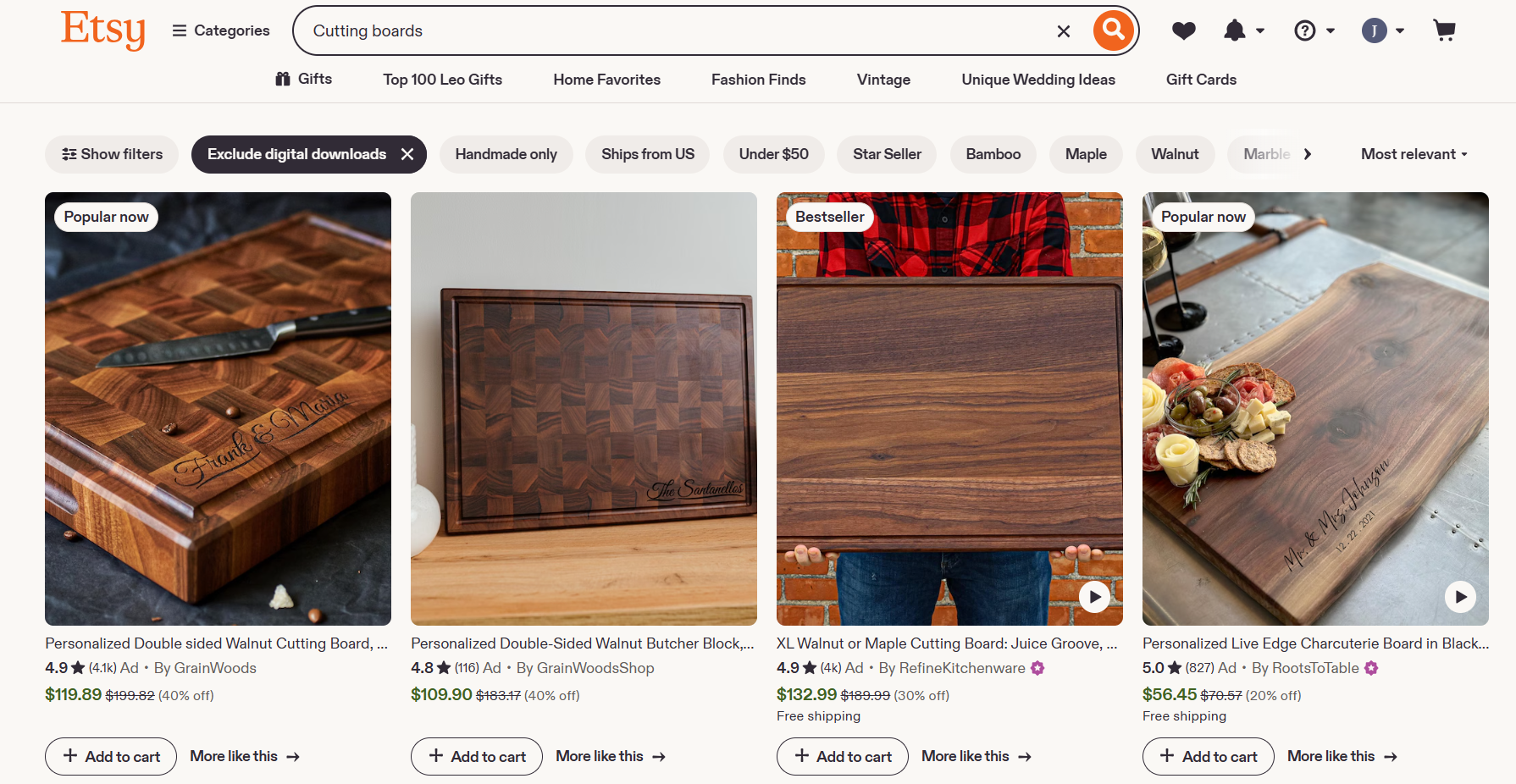 Etsy search results for handmade cutting boards showing personalized walnut and maple designs, seller ratings, prices, discounts, filters, and shopping navigation across featured listings.
