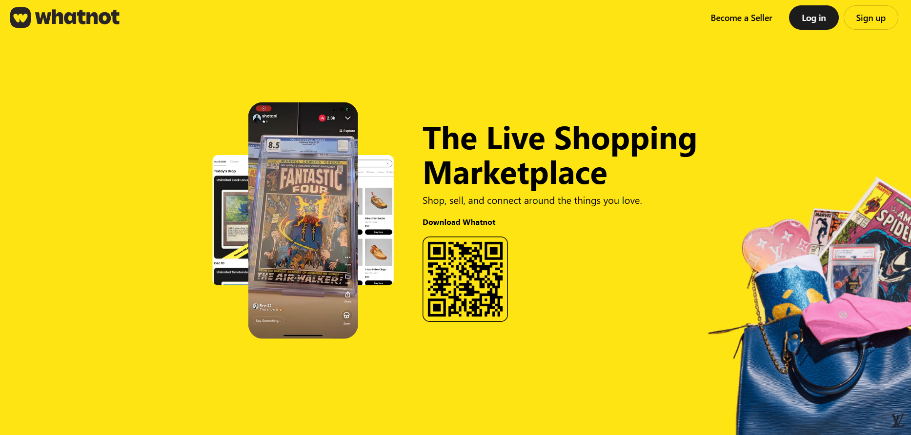 Whatnot homepage featuring a bright yellow background, live shopping app preview, collectible comic auction, QR code download, luxury accessories, and sign-up buttons for buyers and sellers.