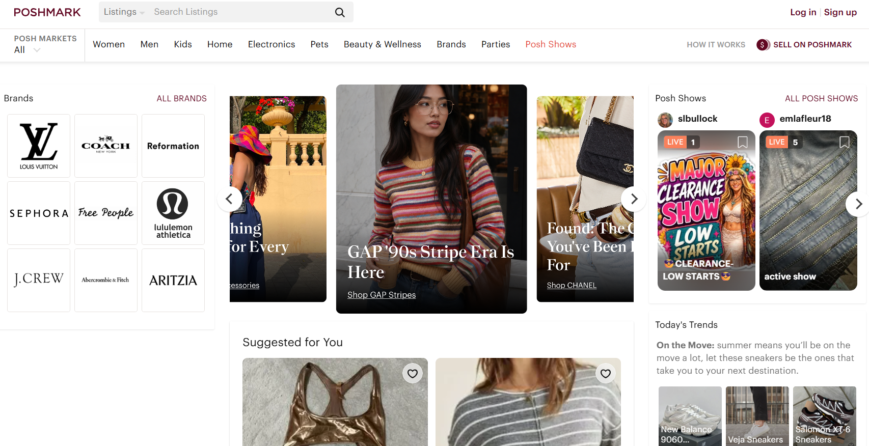 Poshmark homepage displaying fashion categories, popular brands, Posh Shows livestreams, personalized product recommendations, trending styles, and marketplace navigation for buying and selling secondhand clothing.