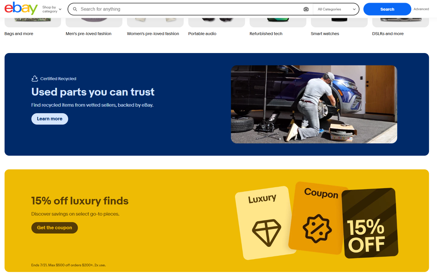 eBay homepage featuring Certified Recycled auto parts, luxury coupon promotion, category navigation, search bar, refurbished technology, fashion, electronics, and marketplace deals for buyers and sellers.