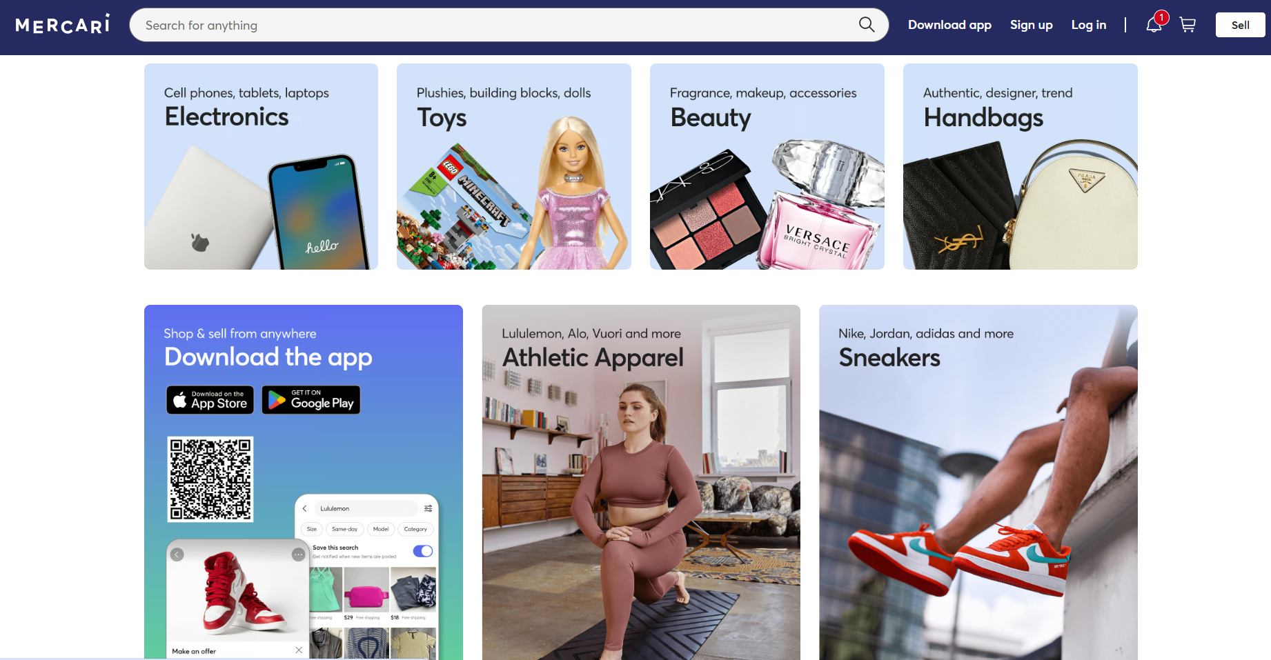 Mercari homepage showcasing electronics, toys, beauty products, handbags, athletic apparel, sneakers, app download promotion, category navigation, and marketplace search for buying and selling items.