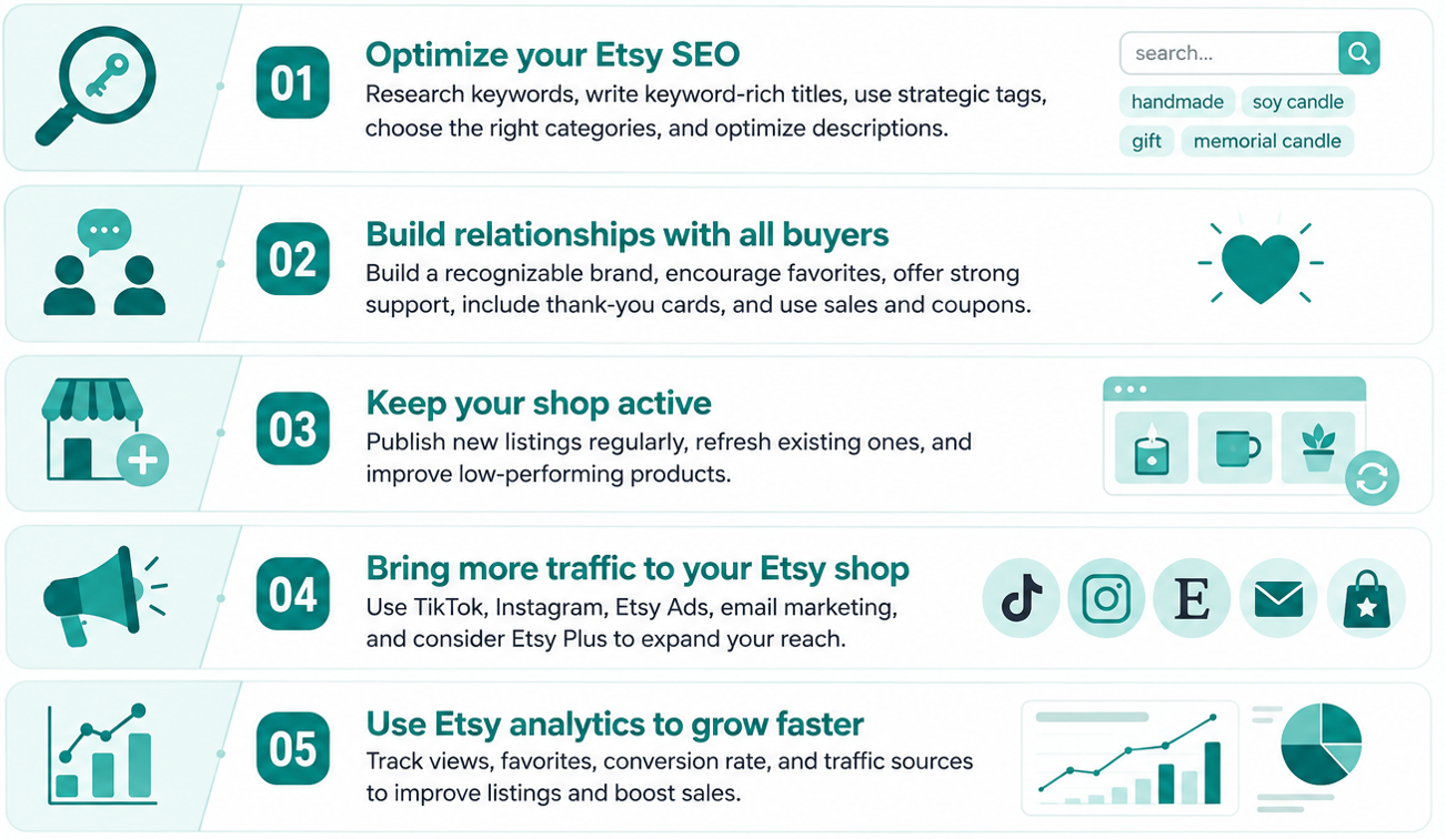 Infographic showing five Etsy growth strategies: optimize SEO, build buyer relationships, keep listings active, increase traffic through marketing channels, and use analytics to improve performance.