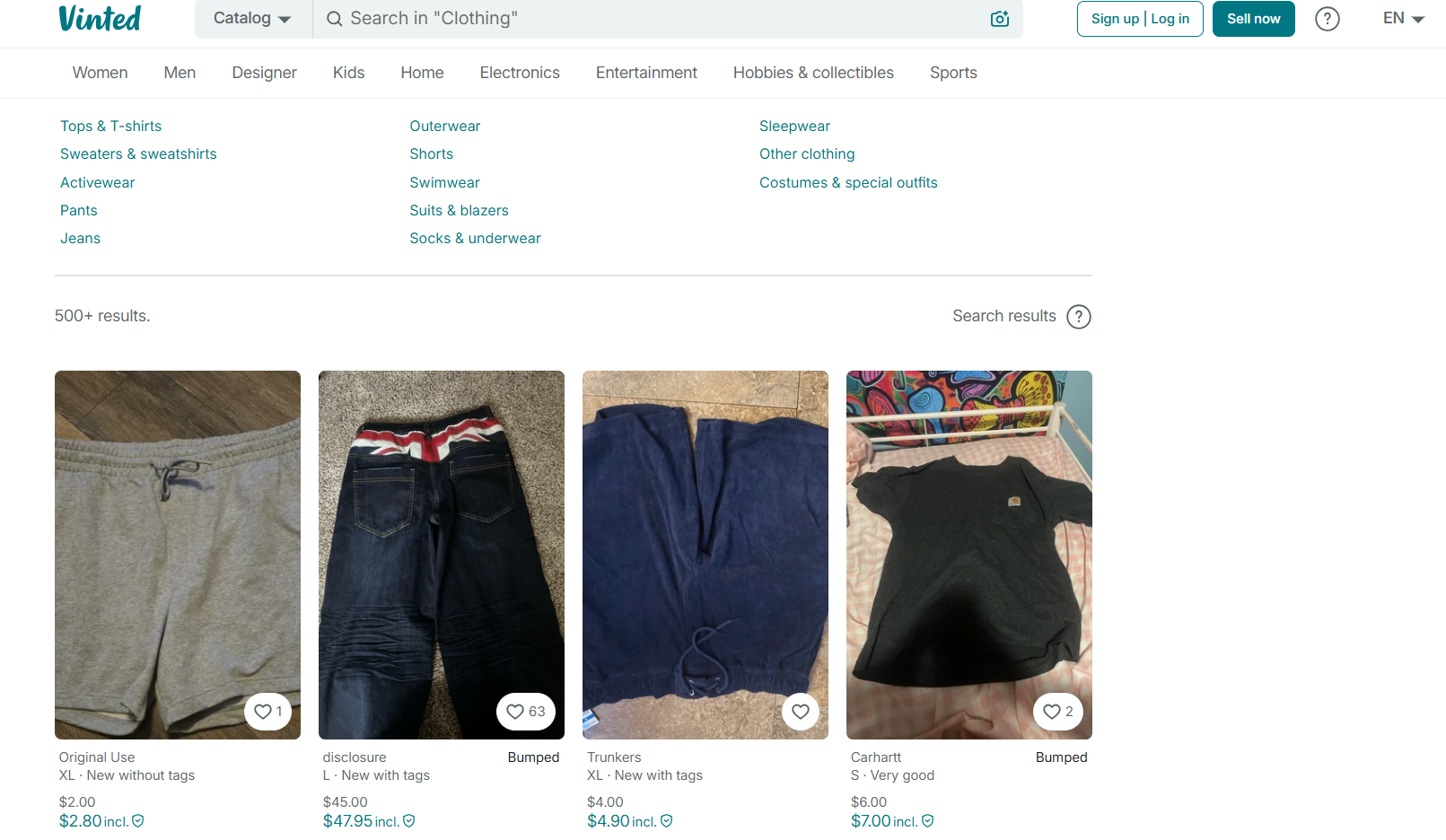 Vinted marketplace search results page displaying clothing listings, category navigation, search bar, pricing, seller information, and product cards for secondhand apparel and accessories.