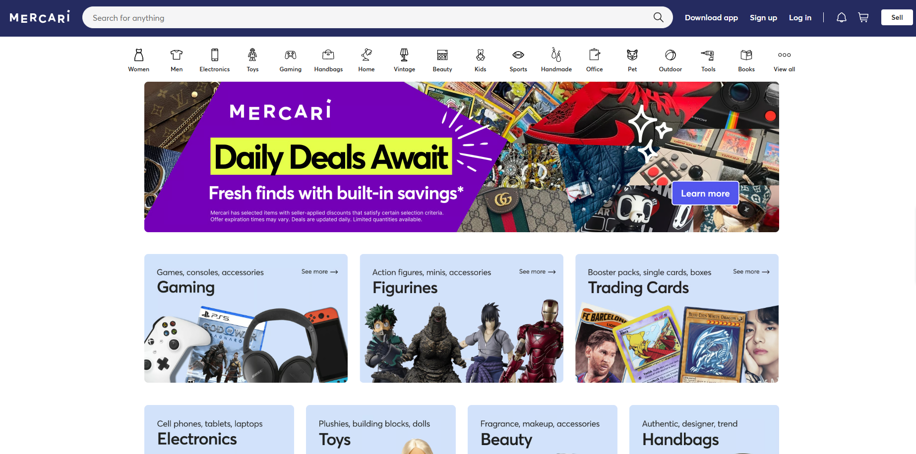 Mercari homepage featuring category navigation, search bar, Daily Deals promotion, and product collections for gaming, electronics, toys, beauty, handbags, trading cards, and collectibles.