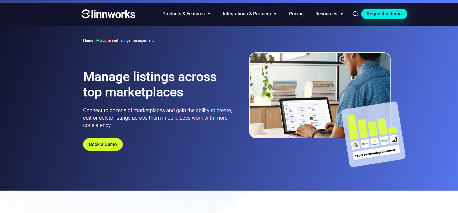 Linnworks multichannel listings management page showing bulk marketplace listing tools, dashboard preview, marketplace performance graphic, and demo request button for ecommerce sellers.
