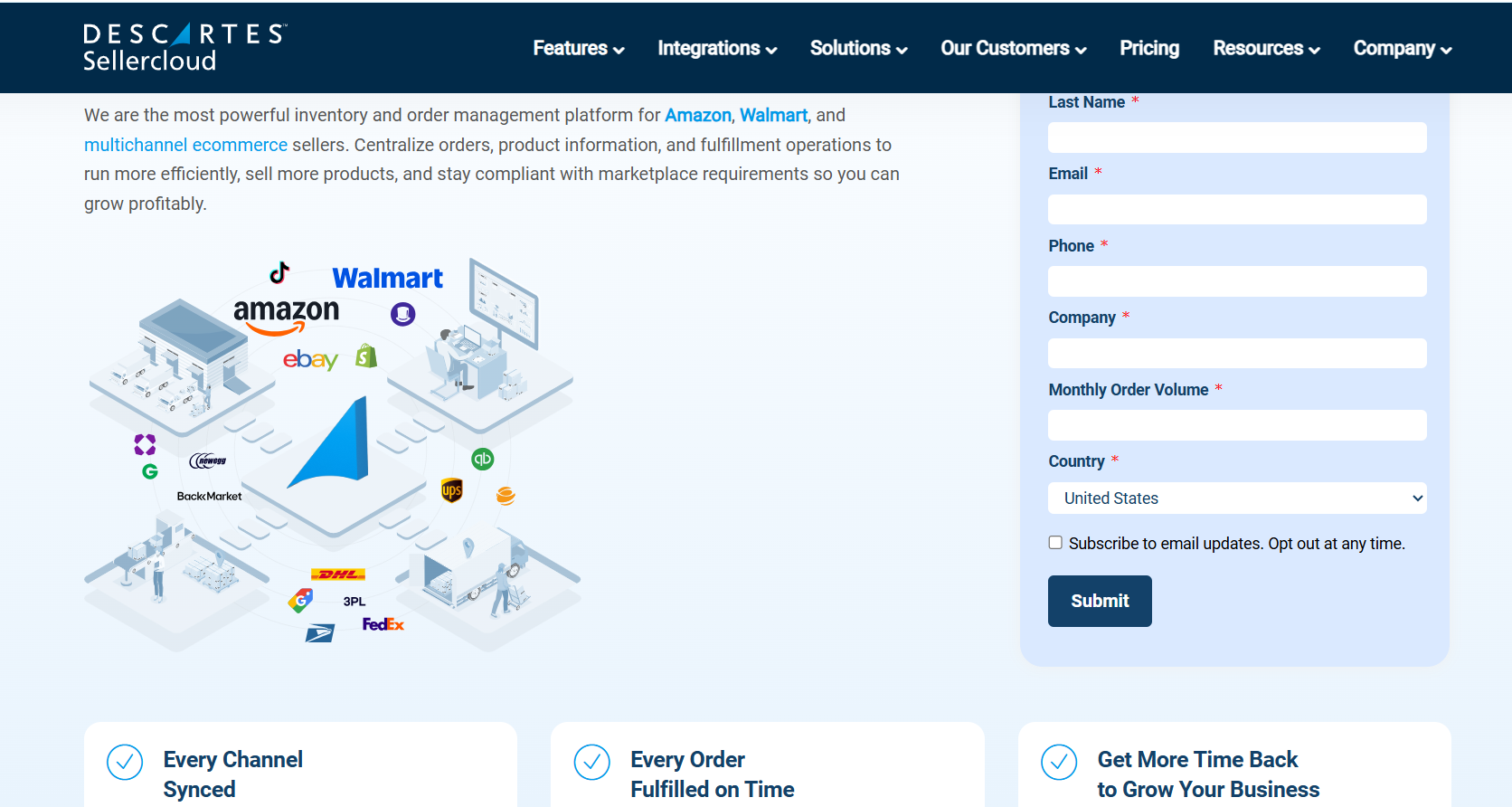 Sellercloud homepage highlighting multichannel inventory and order management, marketplace integrations, fulfillment workflows, and lead capture form for ecommerce businesses managing Amazon, Walmart, eBay, and Shopify.