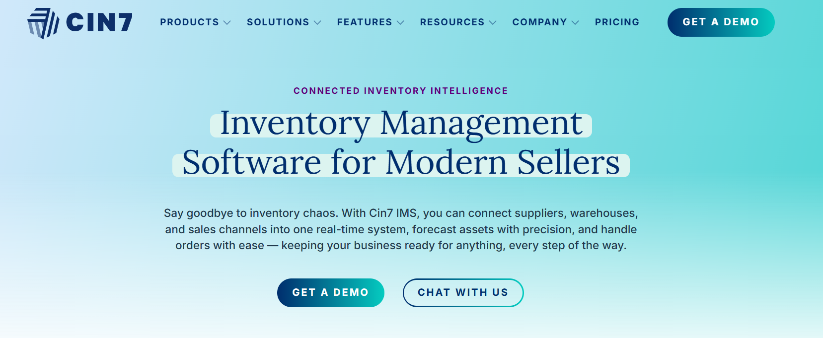 Cin7 inventory management software homepage highlighting connected inventory, supplier and warehouse synchronization, real-time order management, and demo request button for multichannel sellers.