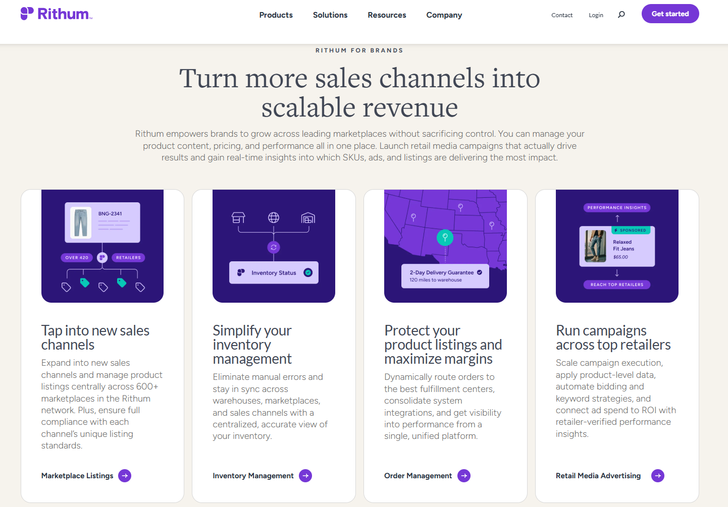 Rithum homepage showcasing multichannel ecommerce platform with inventory management, product listings, order routing, retail media tools, and marketplace expansion for growing brands.