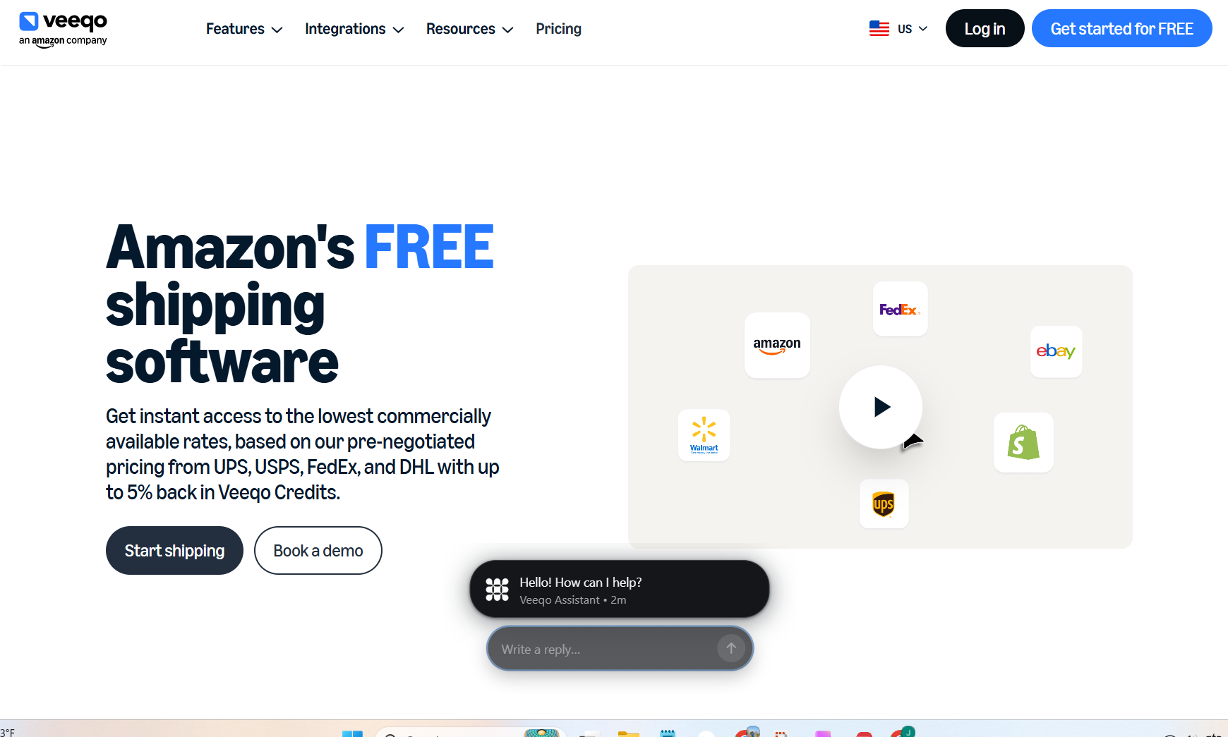 Veeqo homepage promoting free shipping software with discounted carrier rates, marketplace integrations, shipping dashboard preview, and call-to-action buttons for ecommerce sellers.