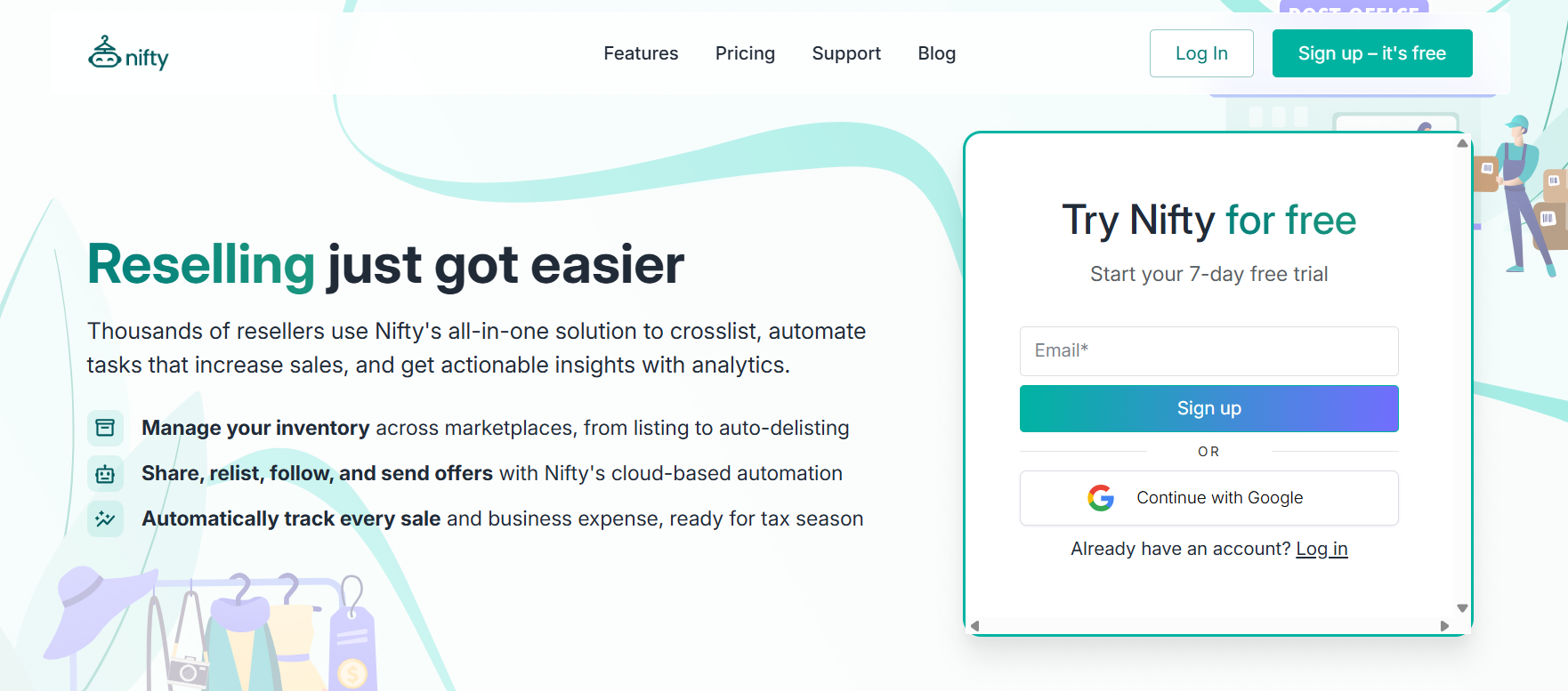 Nifty homepage promoting reseller automation with inventory management, crosslisting, sales tracking, analytics, and a free trial signup form for online marketplace sellers.