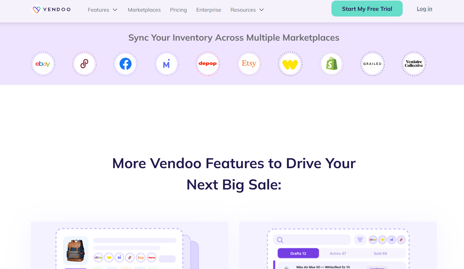 Vendoo homepage showing supported marketplace integrations, including eBay, Poshmark, Facebook Marketplace, Etsy, Whatnot, Shopify, Grailed, and Vestiaire Collective, with crosslisting feature illustrations below.