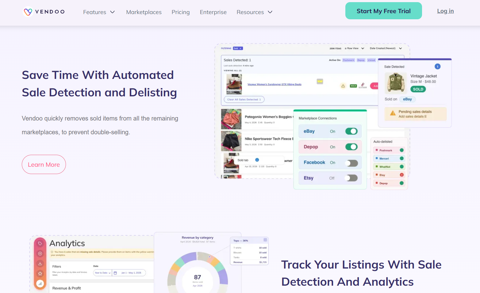 Vendoo dashboard showing automated sale detection, delisting across marketplaces, marketplace connections, inventory management, and sales analytics tools for online resellers.
