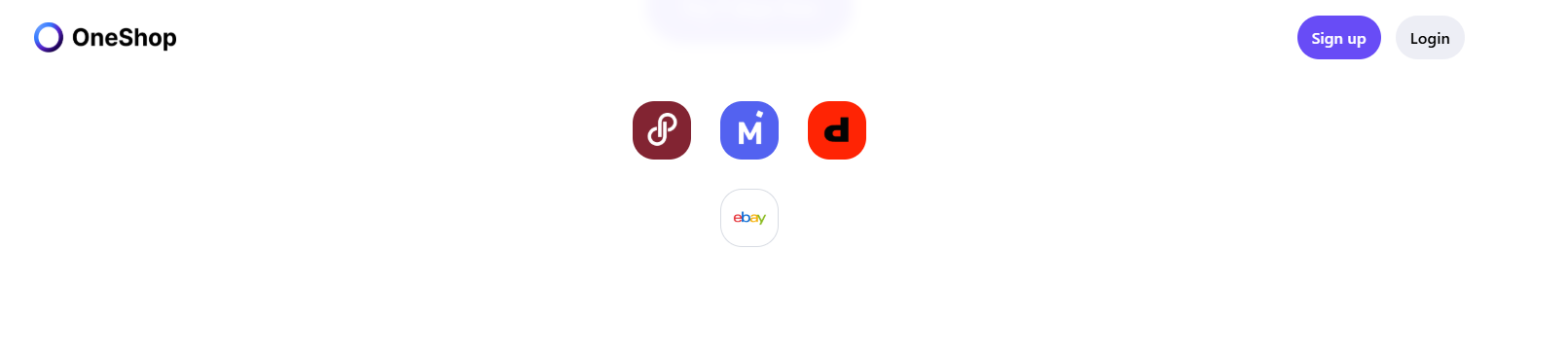 OneShop interface displaying supported resale marketplaces, including Poshmark, Mercari, Depop, and eBay, with sign-up and login options for online sellers.
