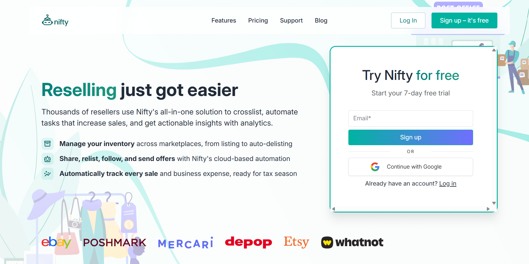 Nifty homepage showing reselling software features, marketplace logos, inventory automation tools, analytics, and a free trial signup form for online sellers managing multiple online stores.