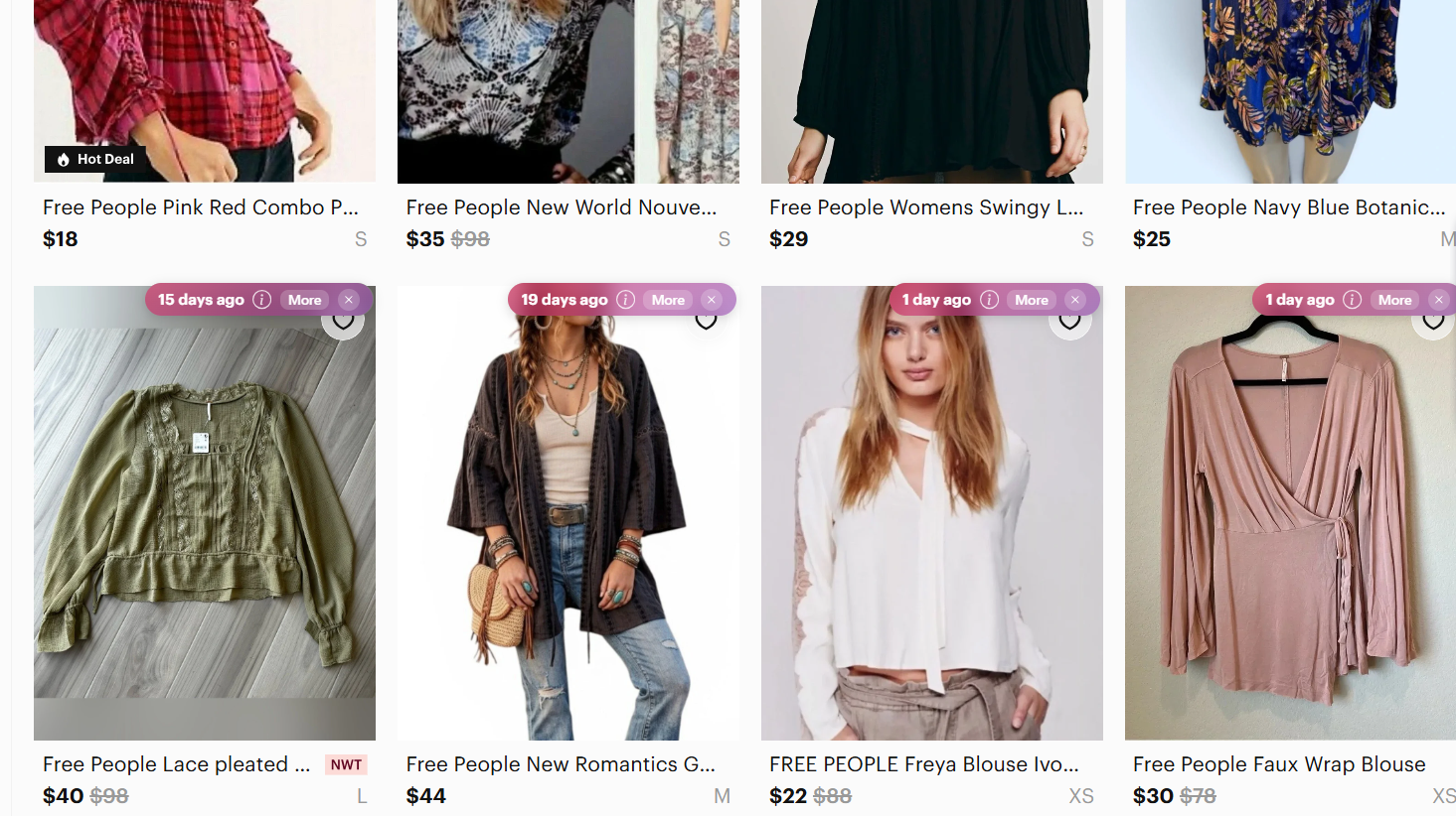 Poshmark search results showing Free People women’s clothing listings, including blouses, tops, cardigans, prices, sizes, and product photos from multiple sellers and styles.