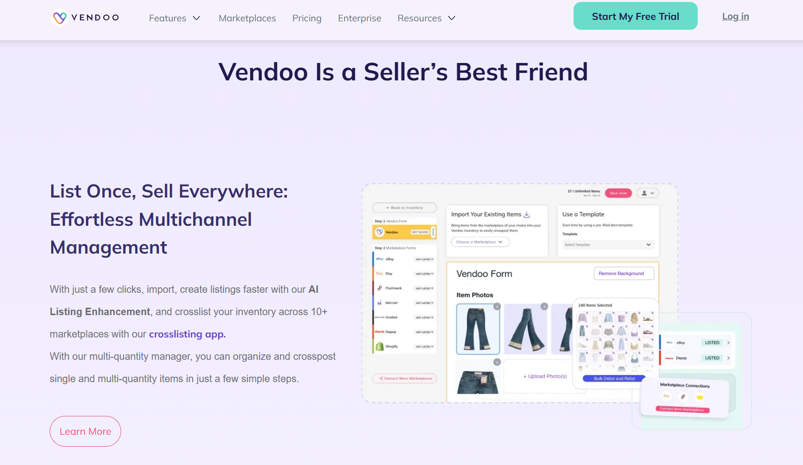 Vendoo homepage showing its multichannel reseller platform, AI listing enhancement, marketplace crosslisting, bulk inventory management, product imports, listing forms, and marketplace connections across channels.