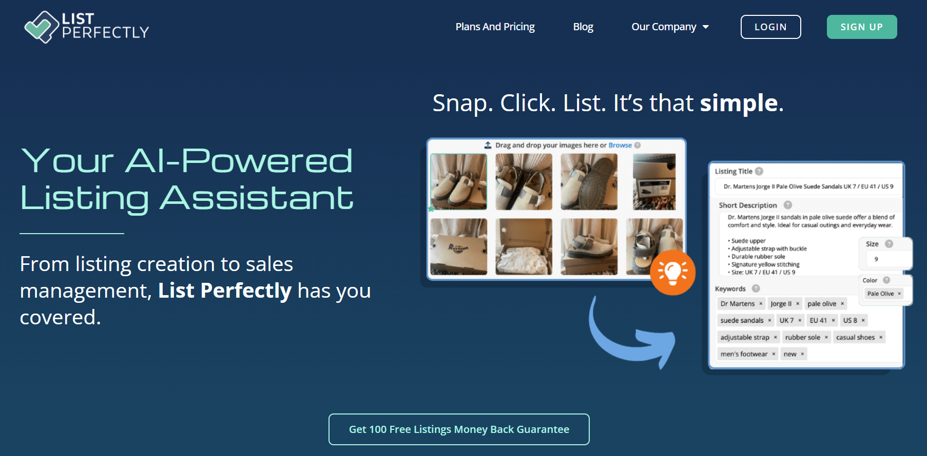 List Perfectly homepage featuring its AI-powered listing assistant generating product titles, descriptions, keywords, sizing, and colors from uploaded photos for faster multichannel resale listings.