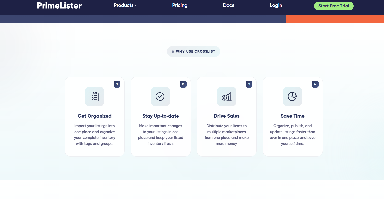 PrimeLister Crosslist page highlighting inventory organization, listing updates, multichannel distribution, and publishing tools designed to help resellers manage listings efficiently and save time.