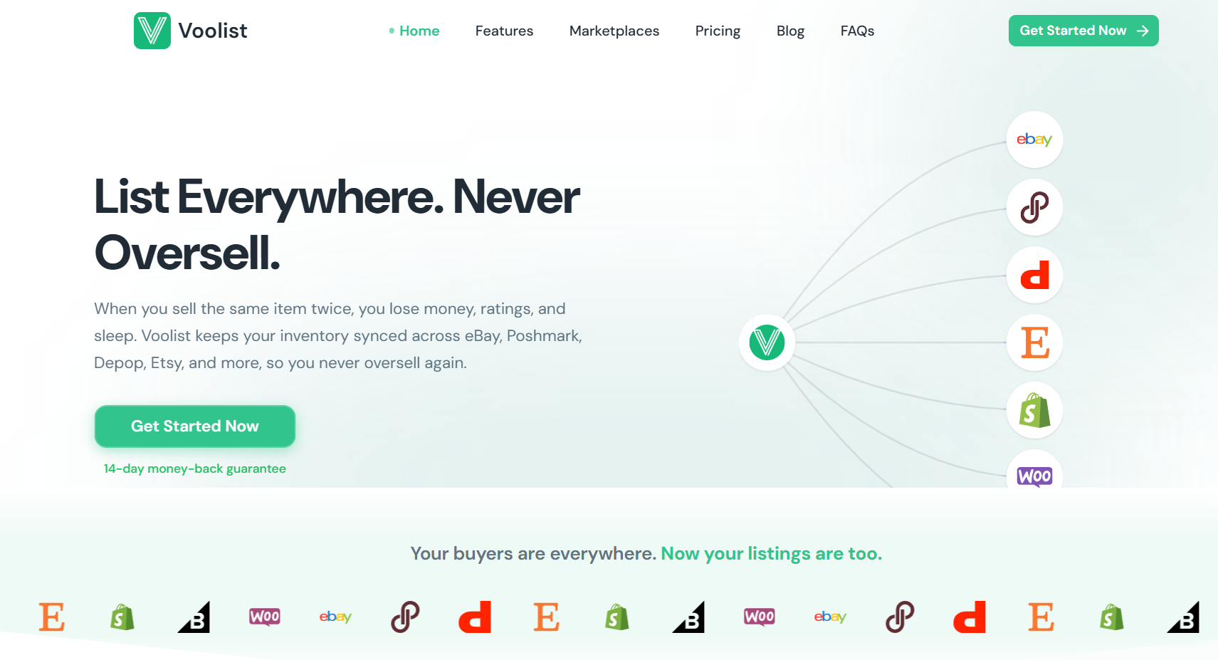 Voolist homepage promoting synchronized multichannel inventory across eBay, Poshmark, Depop, Etsy, Shopify, and WooCommerce to help resellers crosslist products without accidentally overselling items.