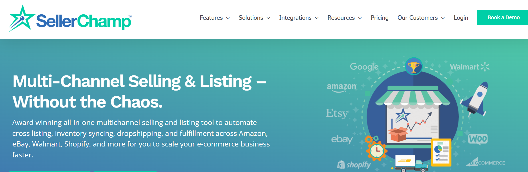 SellerChamp homepage promoting multichannel selling, crosslisting, inventory syncing, dropshipping, and fulfillment across Amazon, Walmart, eBay, Etsy, Shopify, WooCommerce, Google, and BigCommerce for ecommerce sellers.