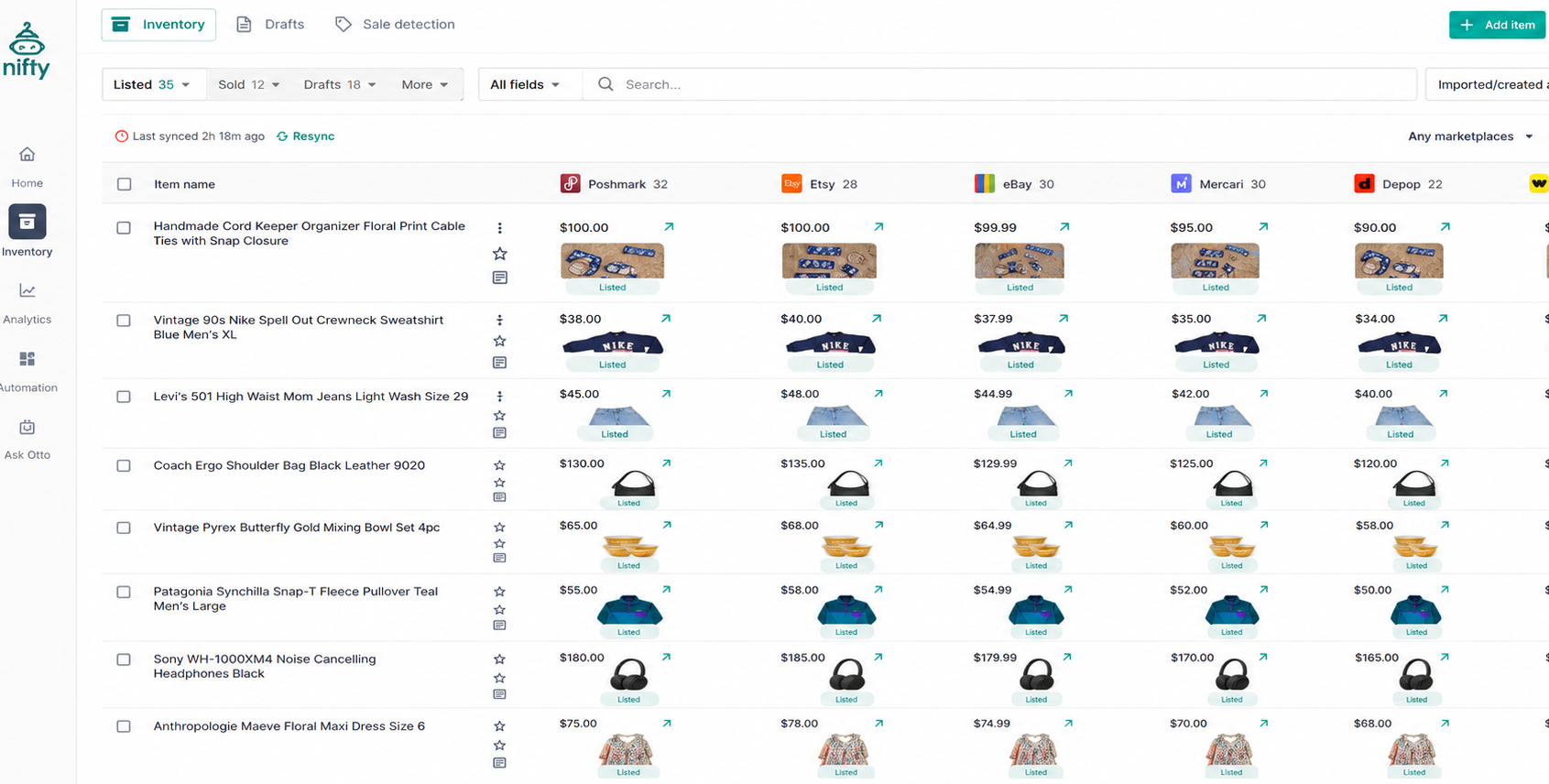 Nifty inventory dashboard showing multiple reseller products crosslisted across Poshmark, Etsy, eBay, Mercari, Depop, and Whatnot, with prices, product images, and listing statuses.