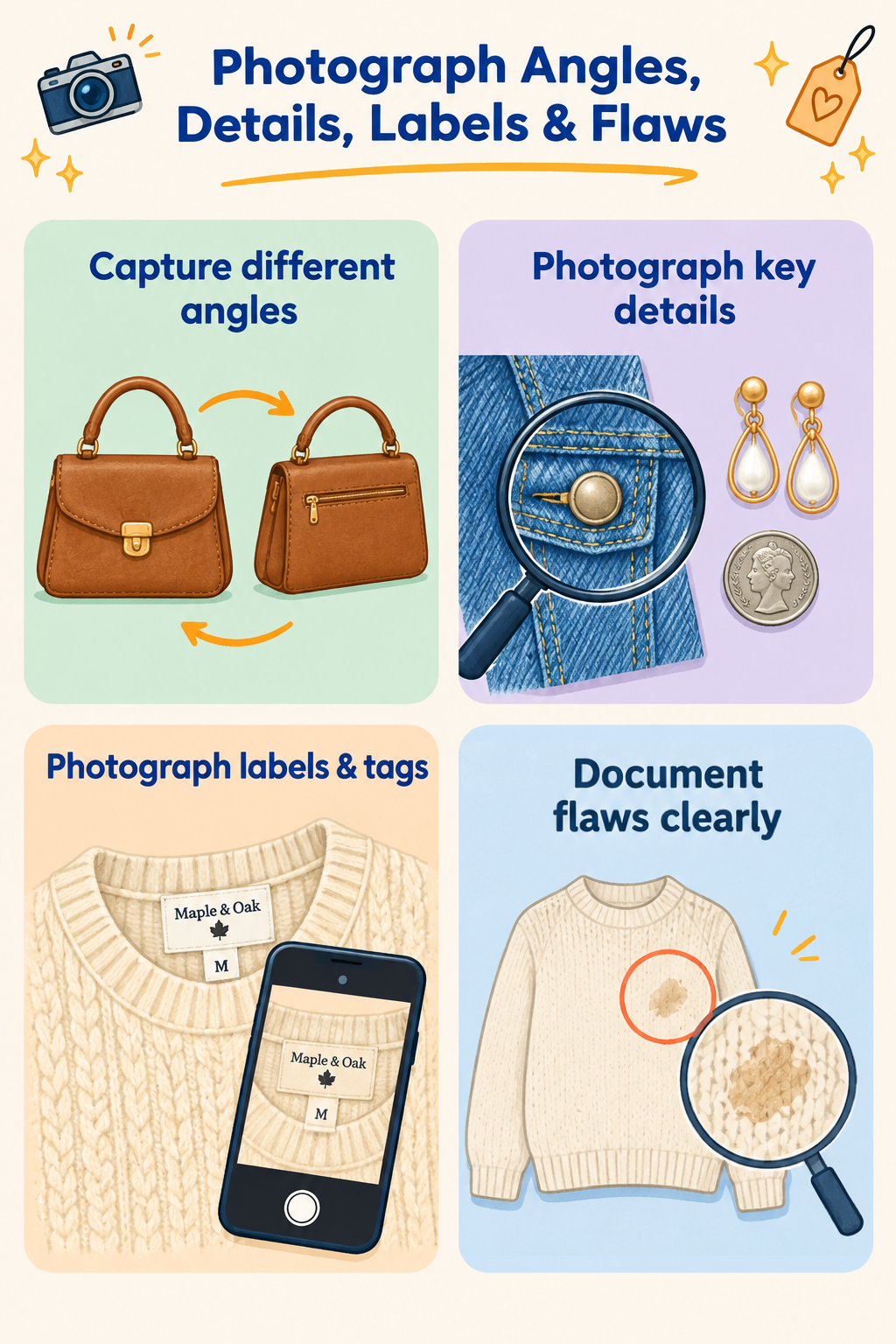 Infographic showing four Poshmark listing photo tips: capture different angles, photograph key details, labels and tags, and document flaws clearly.