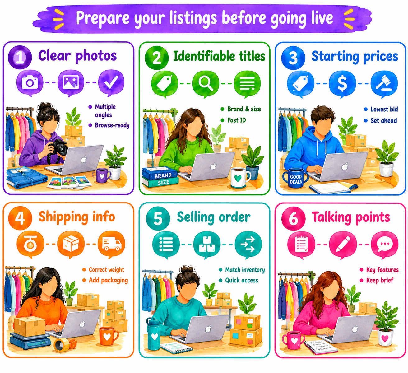 Six-step infographic for preparing Whatnot listings before going live: use clear photos, use identifiable titles, set starting prices, check shipping info, decide selling order, and note talking points.