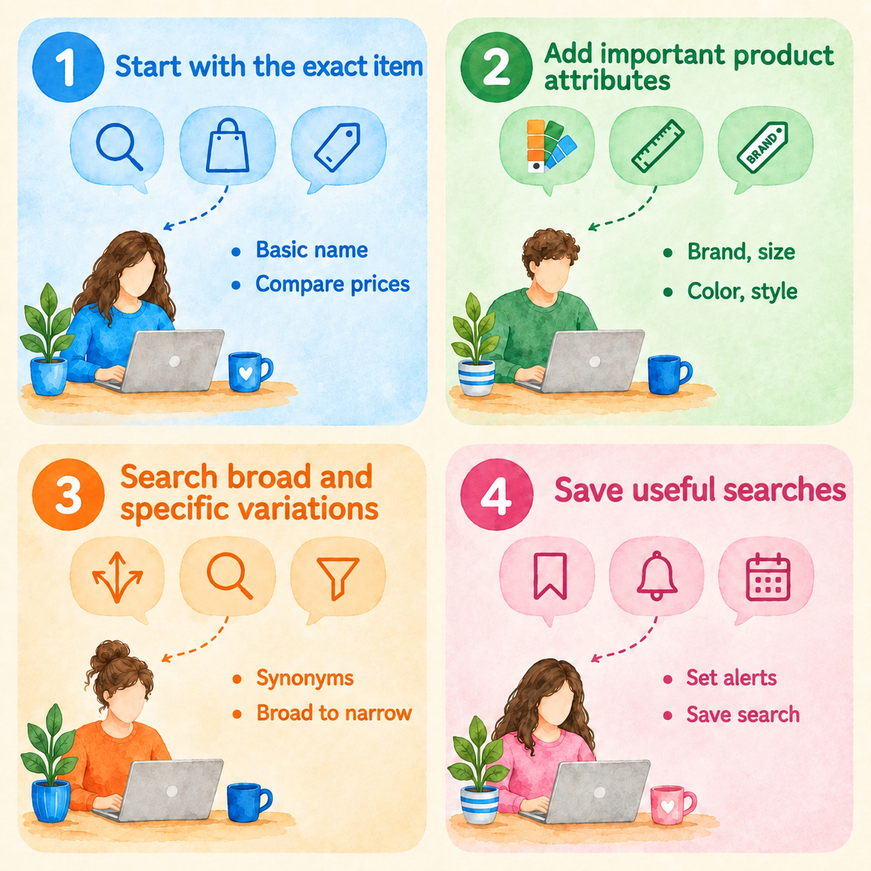 Infographic showing four steps to build Facebook Marketplace keywords: start with the exact item, add important product attributes, search broad and specific variations, and save useful searches.