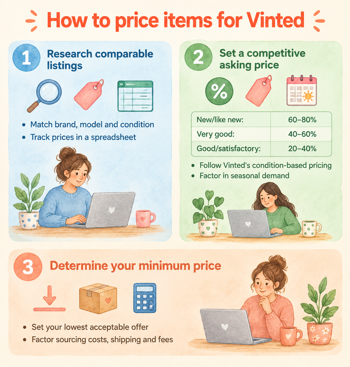 Infographic titled "How to price items for Vinted" showing three steps: researching comparable listings, setting a competitive asking price, e.g., 60–80% for new/like new, 40–60% for very good, and 20–40% for good/satisfactory condition, and, lastly, determining a minimum acceptable price.