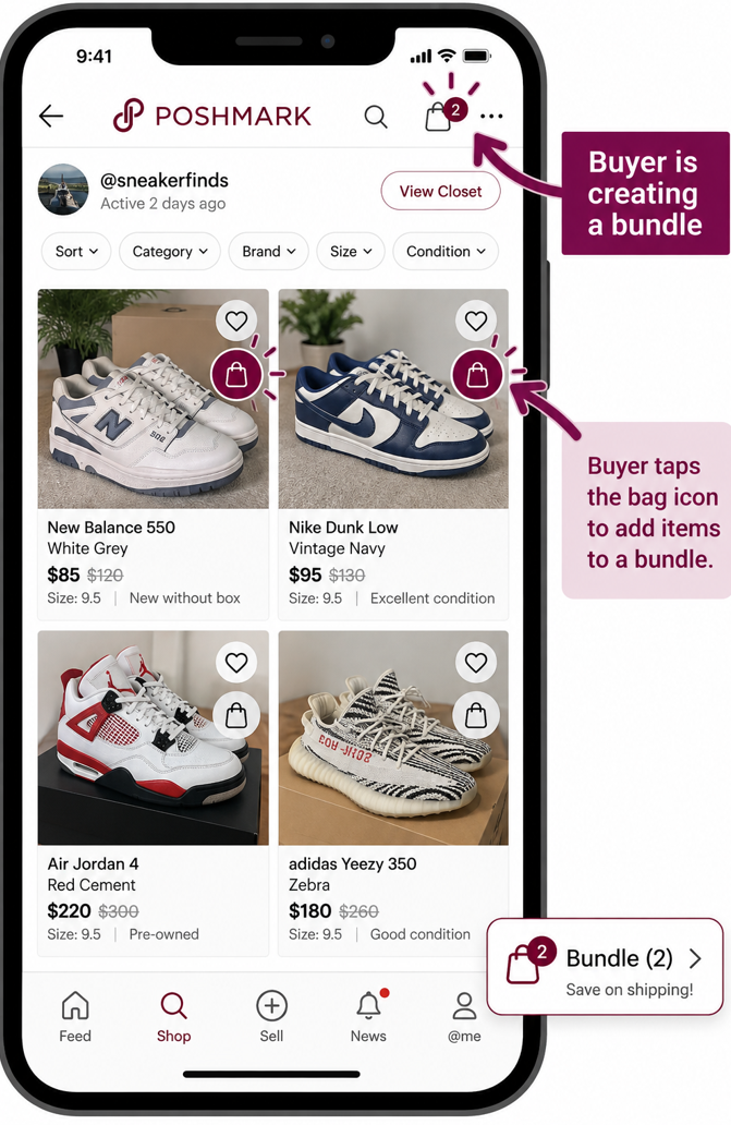 Poshmark sneaker listings showing a buyer adding Nike and New Balance shoes to a bundle, with bag icons and a shipping savings prompt.