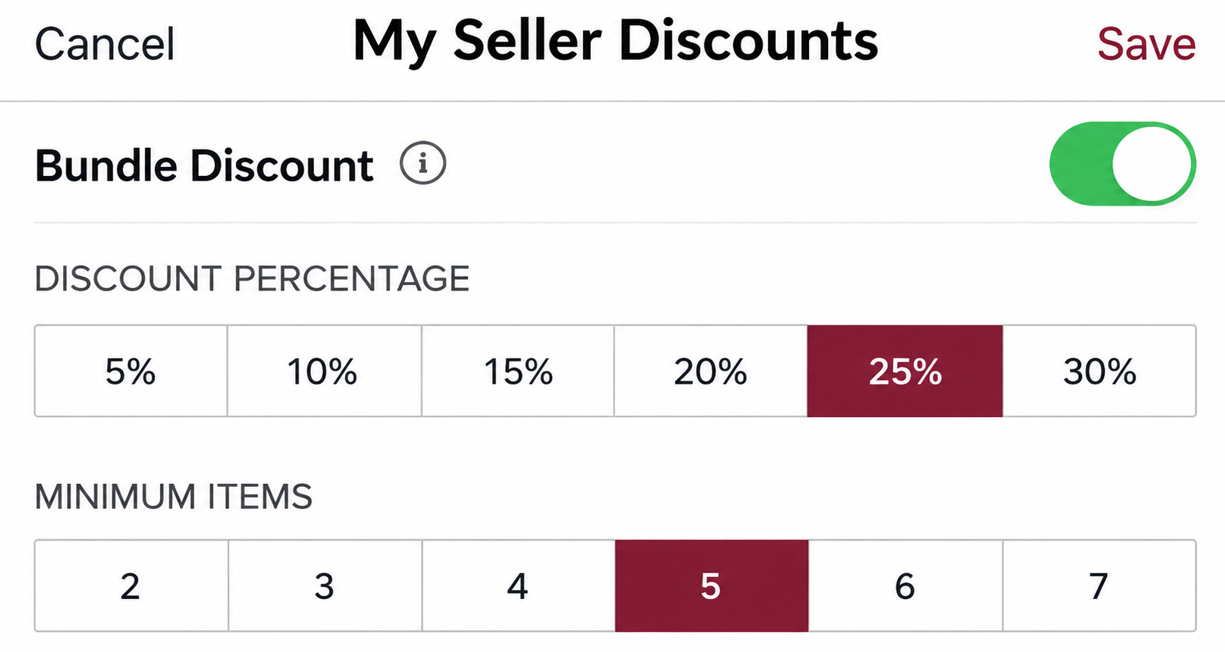 Poshmark Seller Discounts screen showing Bundle Discount enabled, with a 25% discount selected for bundles containing a minimum of five items.