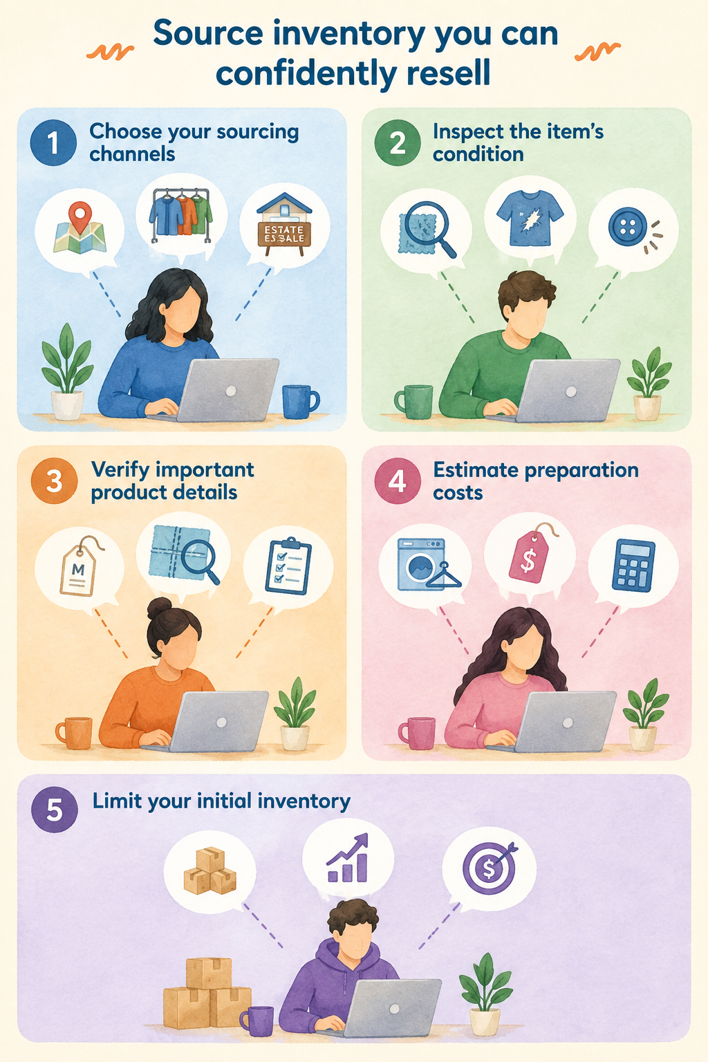 Infographic listing 5 steps for sourcing resale inventory: 1) choosing sourcing channels, 2) inspecting item condition, 3) verifying product details, 4) estimating preparation costs, and 5) limiting initial inventory.