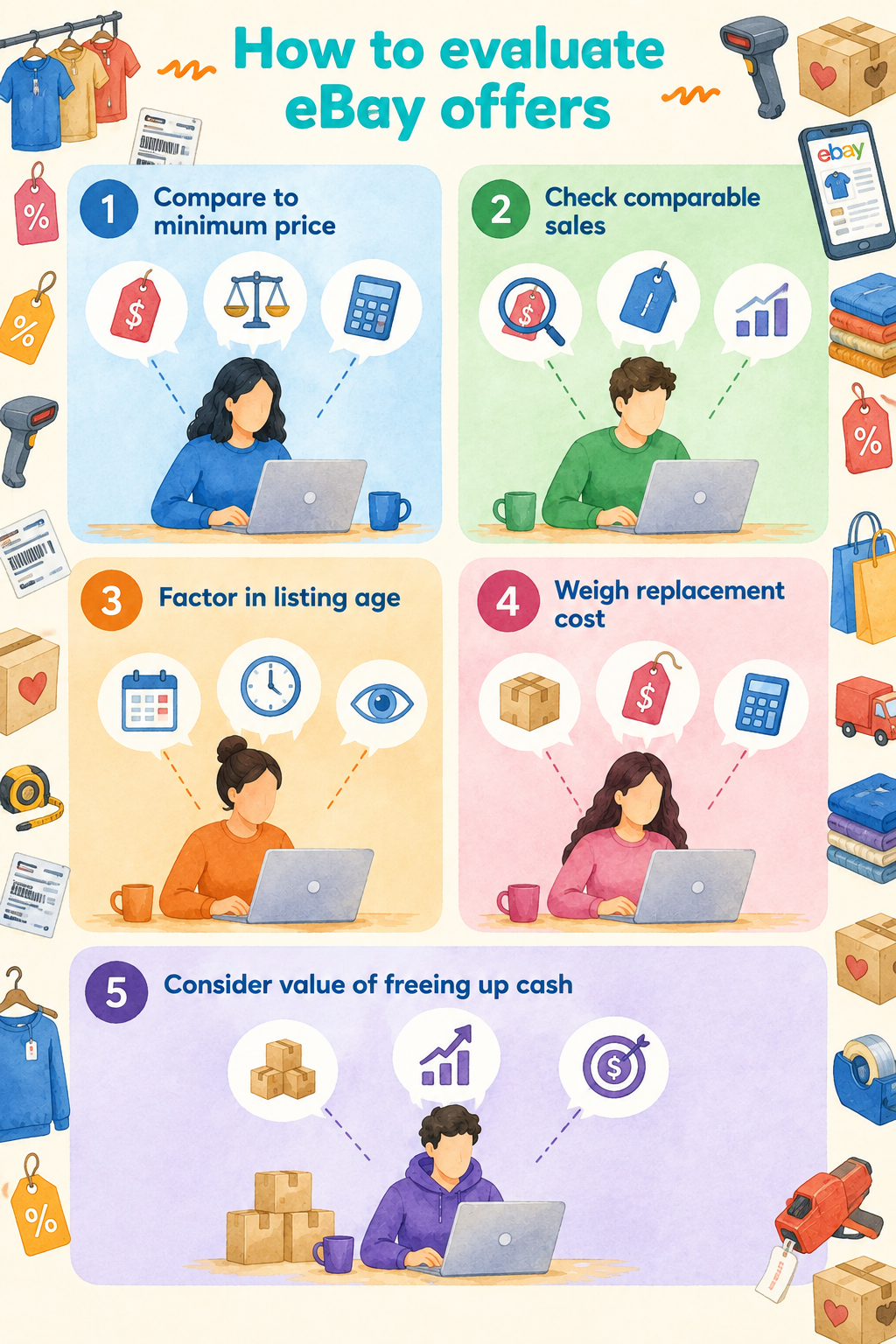 Infographic titled 'How to evaluate eBay offers' showing a 5-step system. 1) compare offer to minimum price, 2) check comparable sales, 3) factor in listing age, 4) weigh replacement cost, and 5) consider value of freeing up cash.