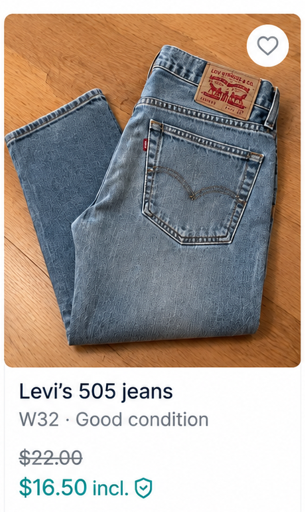Vinted search results showing Levi’s 505 jeans, size W32, in good condition, with product photo, filtering options, $22 original price, and $16.50 current price.