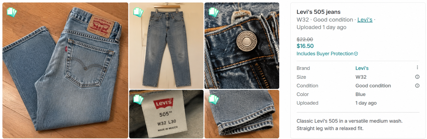 Levi’s 505 jeans listing showing multiple denim photos, size W32, good condition, blue color, $16.50 price, brand details, and product description.