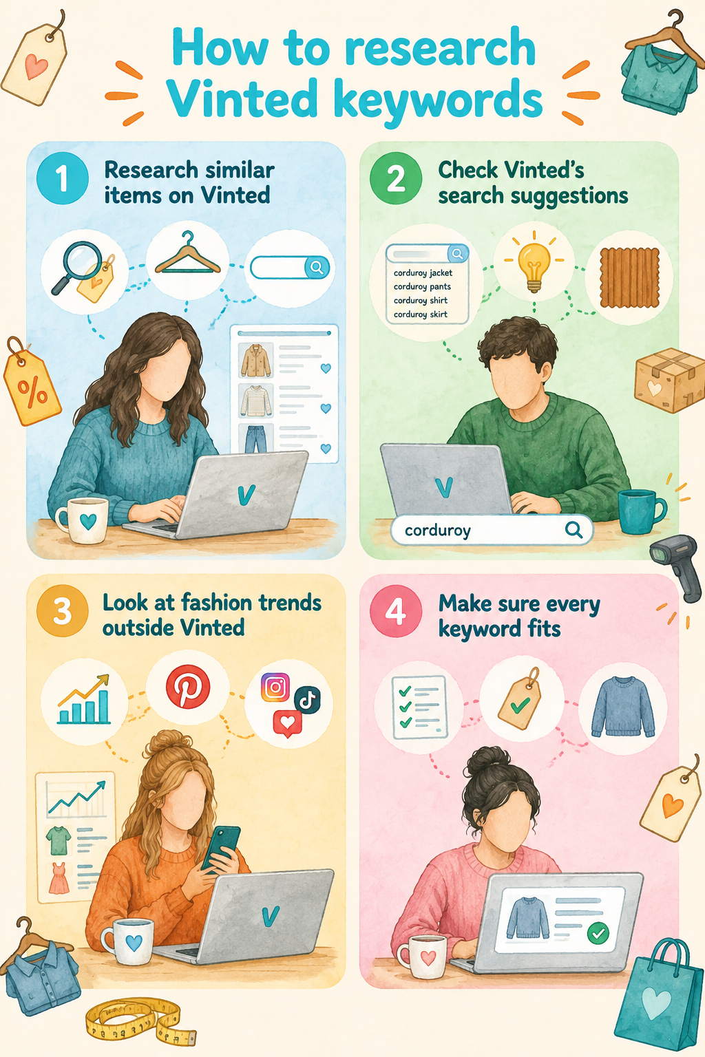 Infographic titled 'How to research Vinted keywords' in teal, showing 4 numbered steps: 1) researching similar Vinted listings, 2) checking Vinted's search suggestions, 3) tracking fashion trends on Google Trends and Pinterest, and 4) confirming keywords accurately fit the item.