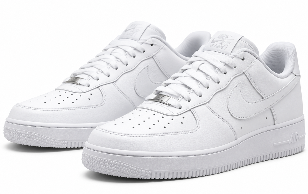 Pair of white Nike Air Force 1 trainers featuring leather uppers, perforated toe boxes, white laces, Nike Swooshes, and thick rubber soles.