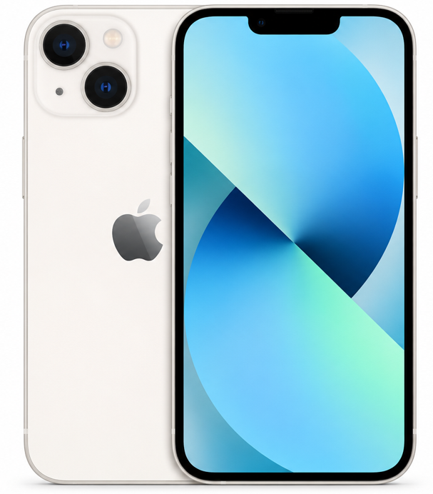 Apple iPhone 13 shown from front and back, featuring a white finish, dual rear cameras, Apple logo, black display bezel, and blue wallpaper.