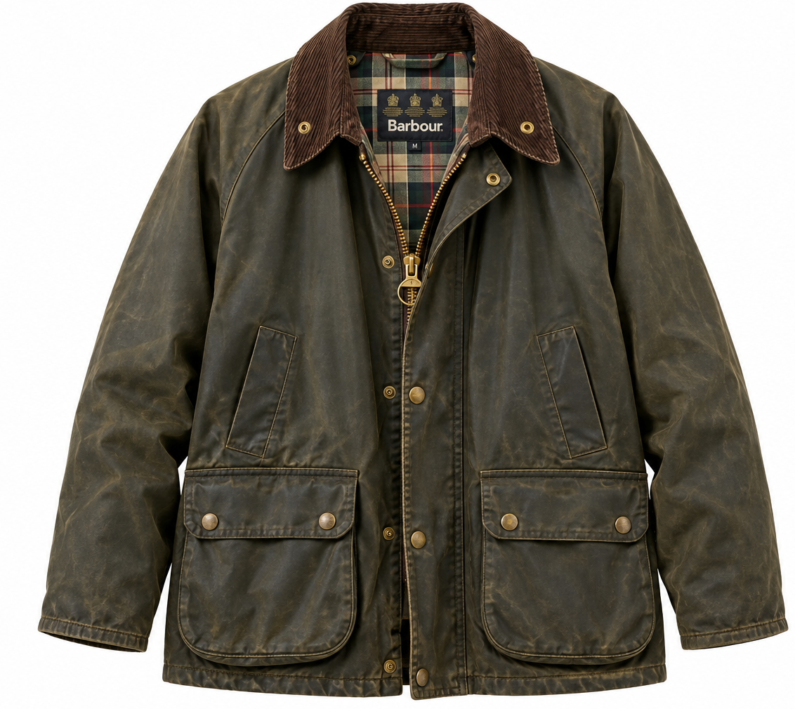 Vintage Barbour wax jacket in olive green with worn detailing, brown corduroy collar, tartan lining, brass hardware, front pockets, and classic weathered waxed finish.