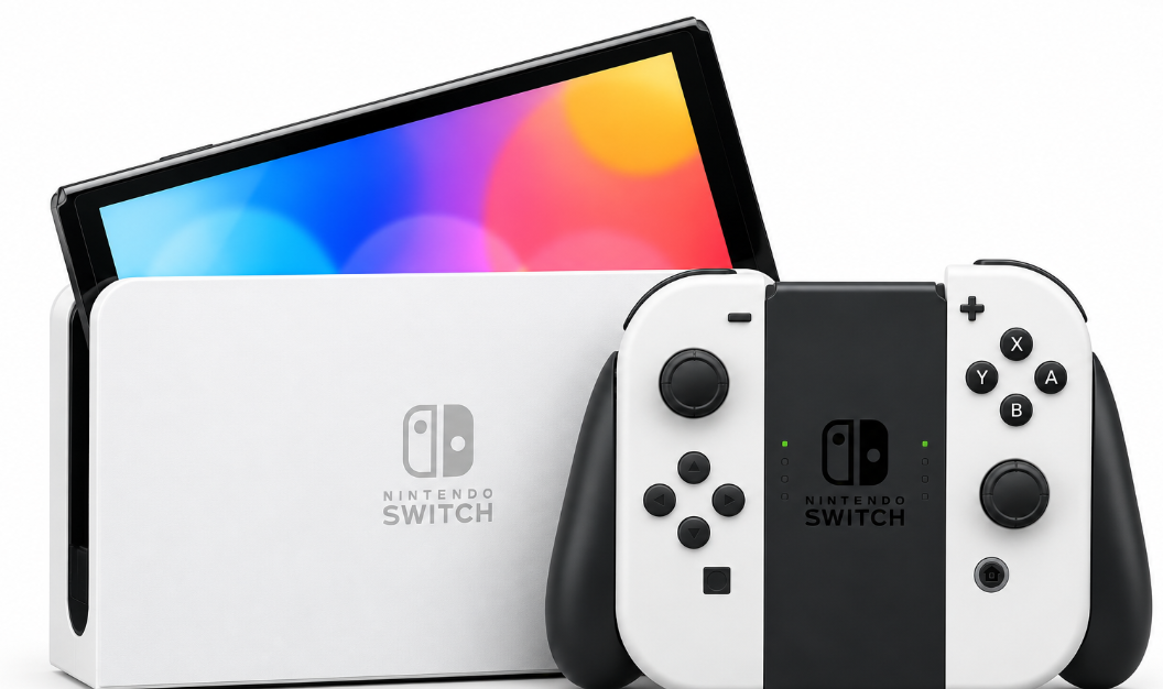 Nintendo Switch OLED console with white dock, black display showing colourful graphics, white Joy-Con controllers, black buttons, thumbsticks, and controller grip on white background.