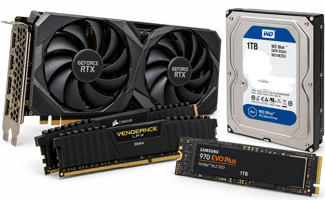 Used computer components including GeForce RTX graphics card, Corsair DDR4 RAM modules, WD Blue hard drive, and Samsung NVMe SSD displayed together on white.