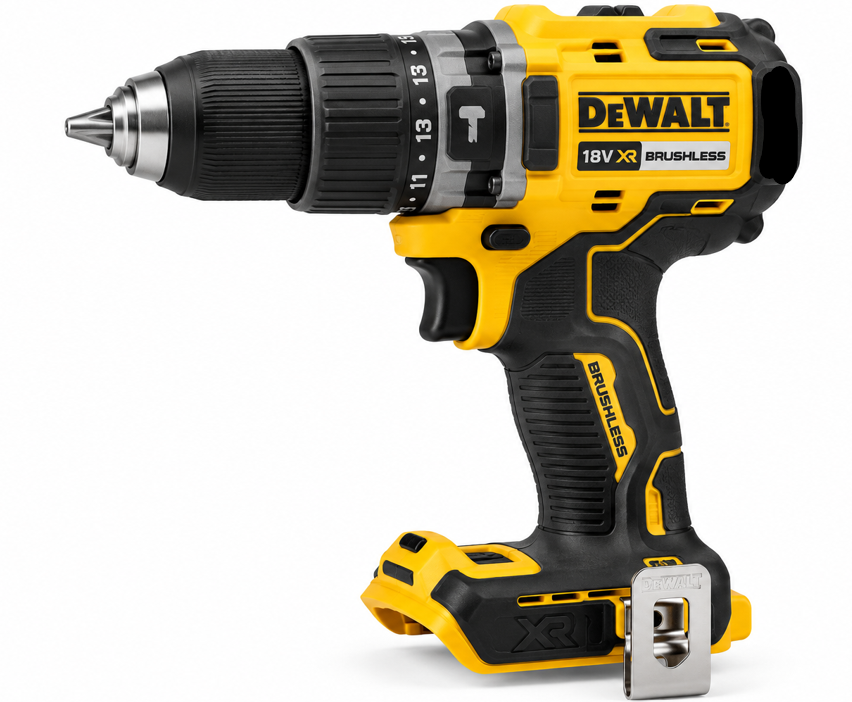 Yellow and black DeWalt 18V XR brushless cordless drill featuring metal chuck, adjustable torque settings, textured grip, belt clip, and battery slot on white.