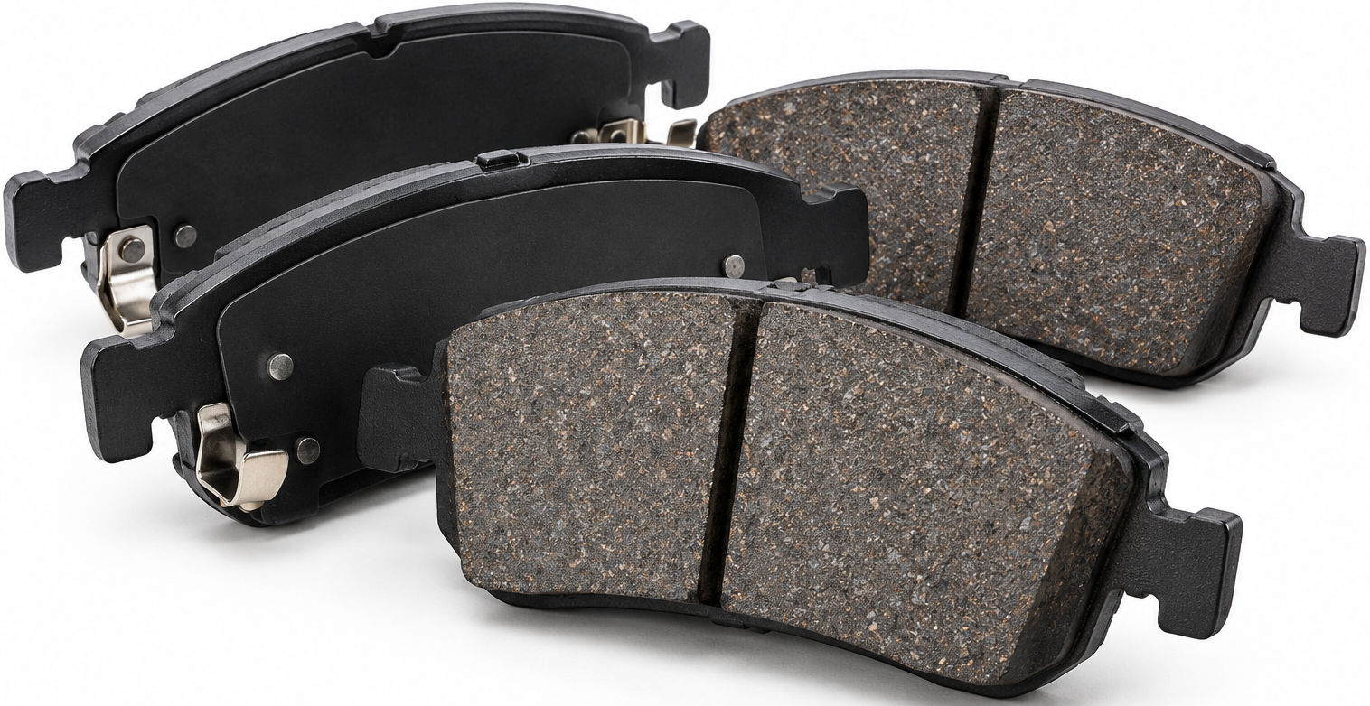 Set of four automotive brake pads featuring textured friction surfaces, black backing plates, mounting tabs, centre grooves, and metal clips displayed on white background.