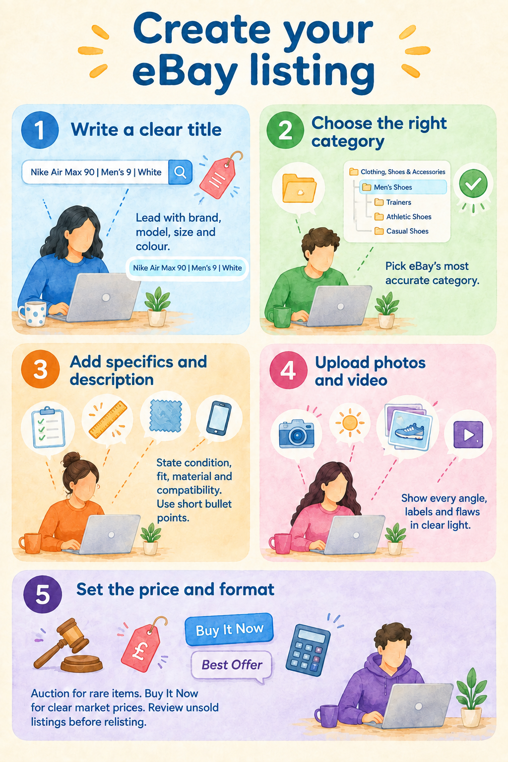 Infographic titled "Create your eBay listing" with five steps: 1. write a clear title (brand, model, size, colour); 2. choose the right category; 3. add specifics and a description; 4. upload photos and video; 5. set the price and format (auction for rare items, Buy It Now for clear market prices).